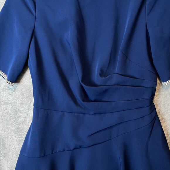 Kay Unger Navy Blue Fit & Flare Dress Elegant Draped Bodice Rhinestone Trim Sz 4 - Picture 3 of 9